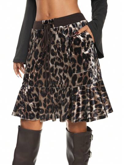 Grunge Punk Y2K-stylisches Leopardenmuster allover bedruckter Samt-Meerjungfrauen-Rock