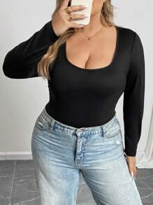 SHEIN CURVE+ Plus Size Plain Crew Neck Tight Fitting Sexy Long Sleeve Bodysuit