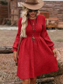 SHEIN VCAY Women's Casual Vacation Linen Patchwork A-Line Waisted Long Sleeve Crew Neck Midi Dress For Autumn/Winter