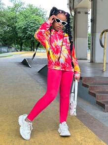 SHEIN 2pcs/Set Tween Girls Yellow & Fuchsia Tie Dye Graphic Tee And Fuchsia Leggings Streetwear Set - Multicolor - View 5