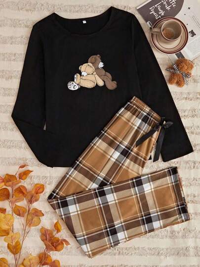 Cartoon Graphic Tee Plaid Pants PJ Set Pajama Set, Fall Clothes Cozy Elegante s, view 3