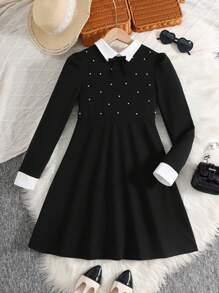 SHEIN Leap Crew Tween Girl Contrast Collar Bow Beaded Knit Snug Fit Dress, Elegant Academic Style, Daily Fashion Wear