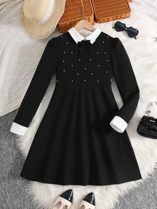Tween Girl Contrast Collar Bow Beaded Knit Snug Fit Dress, Elegant Academic Style, Daily Fashion Wear