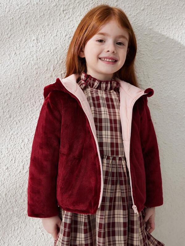 Blossori Young Girls French Elegant Wine Red Fluffy Fitted Zip-Up Hoodie, Autumn/Winter