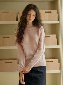 Simple Retro Women's Wool Half High Neck Solid Color Pullover Sweater - Pink - View 3