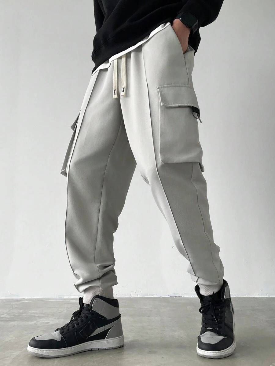 Claim Dot Men's Solid Color Drawstring Waist Cargo Pocket Tapered Leg Casual Pants - Light Grey - View 1