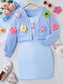 2 件套 Tween 女童彩色 3D 花卉装饰夹克和花卉印花吊带背心连衣裙套装，秋冬季可爱度假风格 - 藍色 - 查看 3