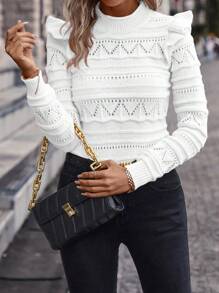 SHEIN Clasi Casual Solid Color Hollow-Out Ruffled Hem Sweater, Autumn & Winter - White - View 7