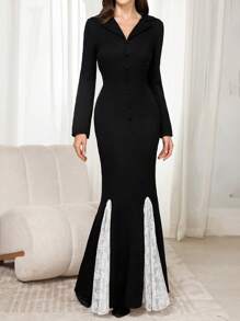 Modelyn Robe longue de soirée élégante pour femmes avec panneau en dentelle, col mandarin et manches longues, style sirène