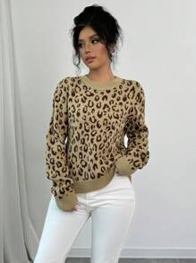 Chiquease Women's Leopard Print Round Neck Casual Pullover Sweater Knit Pullover Fall Winter Outfit - Multicolor - View 3