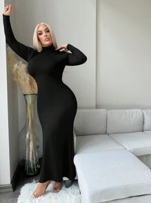SHEIN SXY Plus Size Women Comfortable Casual Turtleneck Backless Long Bodycon Dress, Autumn/Winter