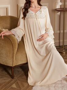 Moonlight&Mama 宫廷风波点图案喇叭袖宽松舒适孕妇睡裙，秋冬款 - 杏色 - 查看 6