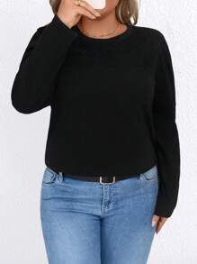 SHEIN LUNE Plus Size Women Jednolity Kolor Okrągły Dekolt Długi Rękaw Casual T-shirt, Jesień