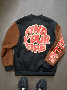 Manfinity Streetrush Chaqueta de béisbol casual de manga larga con botones y estampado de letras con contraste de color para hombres, otoño