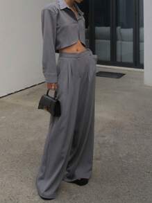 DAZY 2pcs/Set Women's Solid Color Shirt With Collar & Casual Long Pants