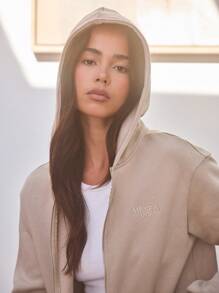 Musera Sport Letter Embroidery Zip Up Hoodie, Padel, Tennis, Pickleball Gym - Khaki - View 5