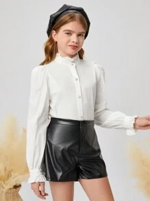 SHEIN Tween Girl Loose Solid Color Puff Sleeve Shirt - White - View 5
