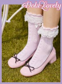 Dola Lovely Zapatos de tacón alto para mujer con puntera redonda, escote bajo, lazo y correa trasera, plataforma, ideal para Navidad, otoño, Año Nuevo, San Valentín