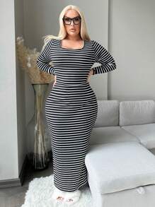 SHEIN SXY Robe ajustée à encolure ras-du-cou à manches longues, grande taille, casual, automne/hiver