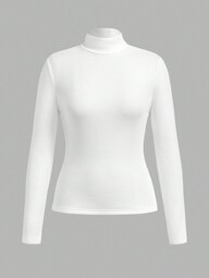 SHEIN BASICS Camiseta básica de cuello alto, de manga larga, de color liso, para mujer, para otoño e invierno, con tela cálida y forrada térmicamente mejorada, con estilo, informal, cómoda y versátil sin verse abultada