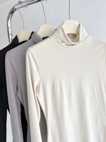 SHEIN BASICS 3pcs Solid Color Knit Turtleneck Raglan Long Sleeve Fitted Women's Base Layer T-Shirt - Multicolor - View 4