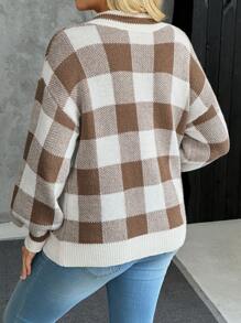 SHEIN Áo len bà bầu kẻ sọc cổ chữ V, phong cách đại học, cho mùa đông - Cà phê nâu - Xem 2