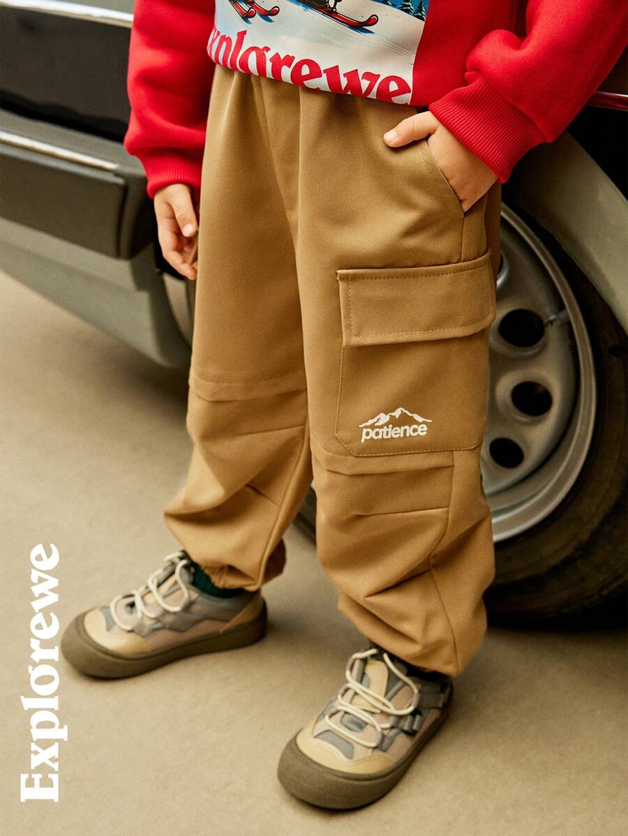 SHEIN Young Boy Outdoor Casual Khaki Multi-Pocket Cargo Pants With Cuffs, Suitable For Outdoor Leisure - Khaki - View 1
