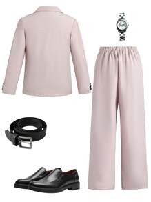 2pcs Teens/Youth Plain Front Button Up Long Sleeve Top With Pocket & Long Pants, Gentlemanly Outfit - Beige - View 2