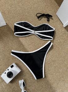 Swim Mod 2 件套女士性感无线抹胸上衣和拼色三角下装比基尼套装，夏季 - 黑與白 - 查看 2