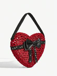 SHEIN ICON Quý cô, Túi xách quai trên dành cho nữ, Thời trang, Đơn giản, Cá nhân hóa, Đa năng, Những cô gái ngọt ngào và sành điệu, Những cô gái nóng bỏng, Y2k, Đường phố, Màu đỏ, Hình trái tim, Nơ, Đinh tán, Móc tay, Rỗng, Đáng yêu, Ngày lễ tình nhân, Giáng sinh Valentine - Đỏ - Xem 3