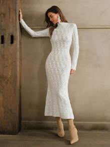 Anewsta Elegantes Weihnachten Jacquard Stehkragen Bodycon transparentes Fischhaut Maxikleid für Frauen