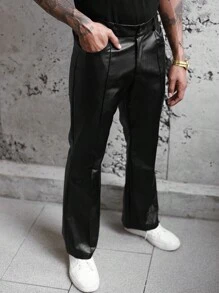 Manfinity LEGND Quần ống rộng loe bằng da PU cho nam có túi và thiết kế sọc, quần dài dự tiệc trơn, dành cho chồng, quà tặng bạn trai - màu đen - Xem 6