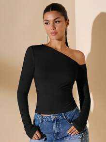 SHEIN BAE 1 件女士极简主义不对称肩长袖修身 T 恤，日常穿着，秋冬 - 黑色 - 查看 4