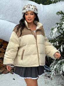 SHEIN SXY Manteau matelassé grande taille à col montant, zippé, avec blocs de couleurs, pour un style casual d'hiver - Kaki - Voir 4