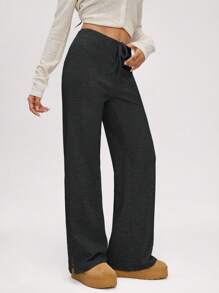 SHEIN BASICS بلوزة نسائية ذات أكمام متسعة محبوكة ذات لون أحادي الشكل - رمادي غامق - مشاهدة 5