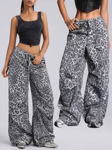 SHEIN EZwear Quần ống đứng cạp thấp họa tiết da báo cho nữ - Xám - Xem 4