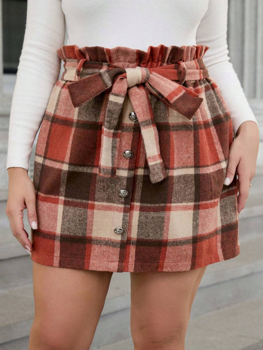 SHEIN LUNE Plus Size Halloween Fall Women Bottoms Flannel Skirt Christmas Women Green Holiday - Orange - View 1