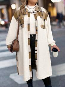 SHEIN CURVE+ Veste longue manches avec poche, simple patchwork avec bouton devant, grande taille, port décontracté de tous les jours