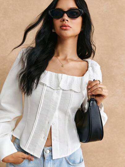 Poéselle Women's Asymmetric Hem Shirt White Lace Button Design Long Sleeve Shirt Cute Shirt Women's Shirt Fabric Short Floral Lace Collar Blouse For Women Waist Shirt Fall Clothes White Shirt Cute Tops Crop Women Tops Women Clothes Women Blouses Women Shirts Fall Outfits Vintage 2024 AW, Winter Clothes