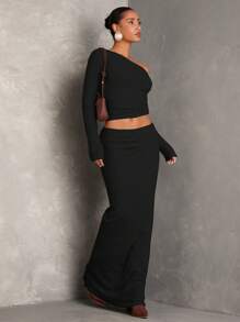 SHEIN BAE Conjunto de dos piezas de ropa de mujer para invierno y otoño, con parte superior hombros descubiertos y falda, conjunto de ropa para concierto de mujeres