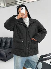 SHEIN EZwear Abrigo casual acolchado con cierre de cremallera y bolsillos para mujer talla grande, color negro y manga larga, para invierno