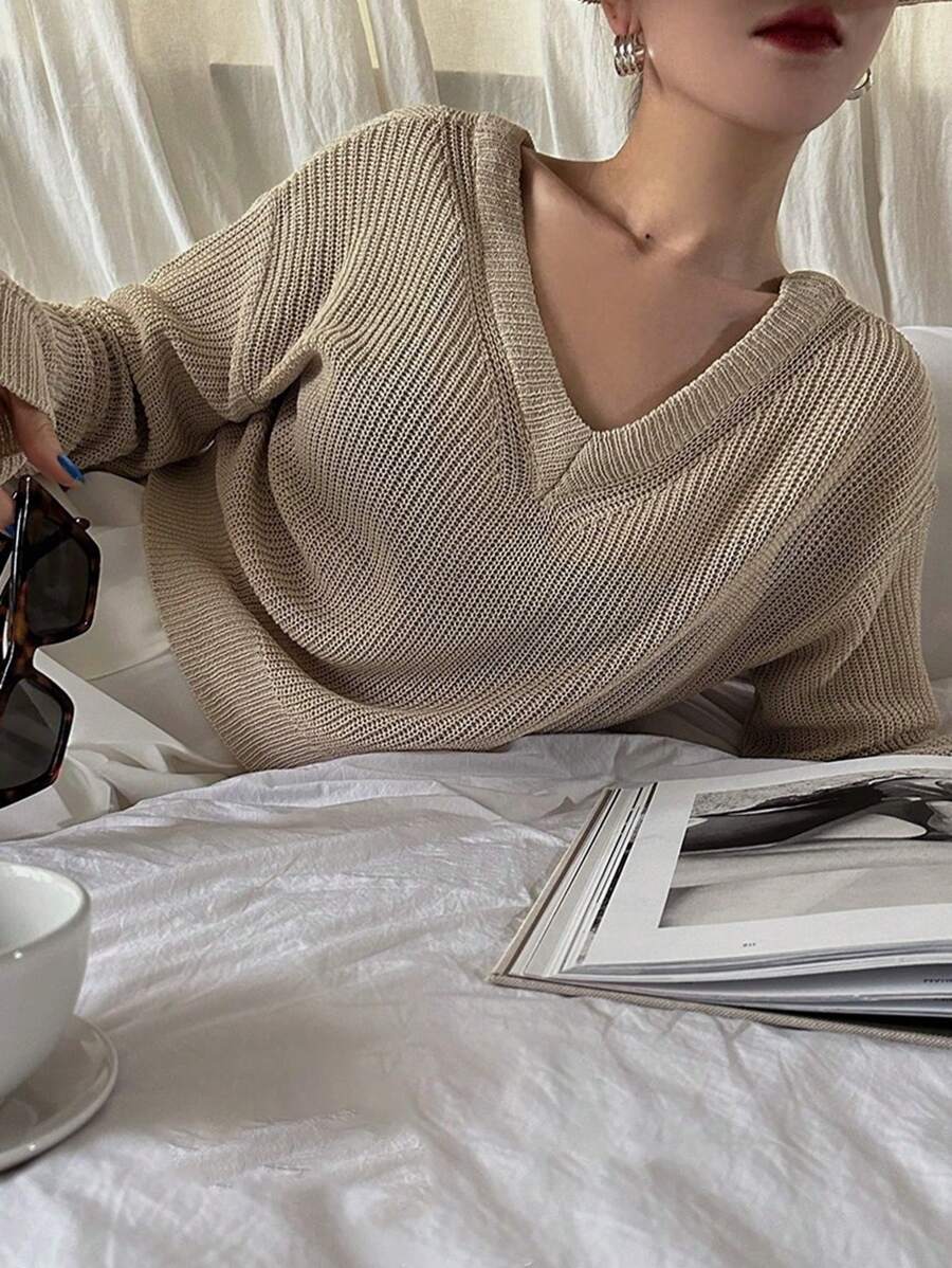 DAZY 女式纯色 V 领长袖休闲修身毛衣，秋季女装 - 卡其色 - 查看 1
