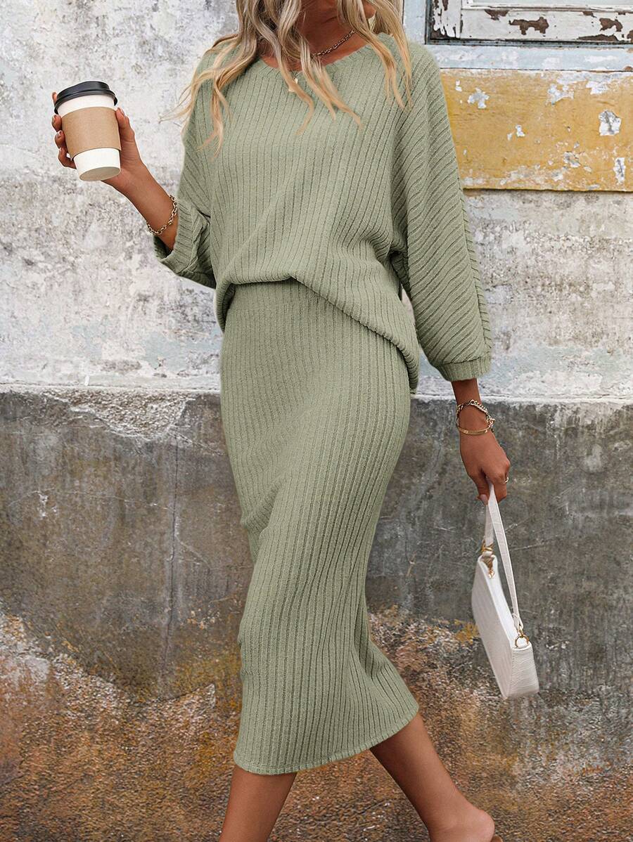 SHEIN LUNE 2pcs Women Casual Batwing Sleeve Ribbed Rib Crop Top & Mini Skirt Set - Army Green - View 1
