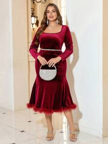 SHEIN Clasi فستان سهرة أنيق مقاس كبير، فستان مخمل أحمر بتصميم الحورية للمناسبات الرسمية، مهرجان، كرنفال - عنابي اللون - مشاهدة 1