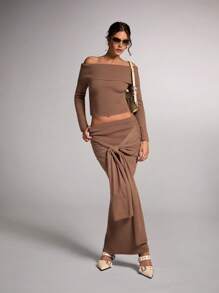 SHEIN BAE 1set Women Solid Color Twist Ribbed Knit Maxi Sweater With Skirt Brown Vintage Warm And Skin-Friendly Soft Strappy Sweater Skirt Mermaid Skirt Hollowed Costumes Thanksgiving Women Outfit Halloween Women Costumes Women Costumes Concert Women Outfit