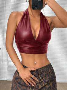 SHEIN EZwear 1 件女式性感纯色弹力皮革吊带短款背心 - 酒紅色 - 查看 4