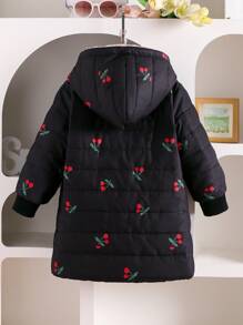 SHEIN 年轻女孩长袖樱桃印花连帽夹克，带保暖内衬，罗纹袖口，黑色，冬季保暖长款年轻女孩外套 - 黑色 - 查看 2