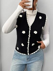 SHEIN Frenchy Casual 3D Floral Pattern Black & White Knitted Cardigan, Plus Size, Suitable For Autumn & Winter