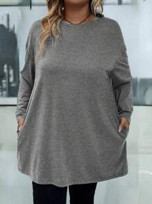 EMERY ROSE Plus Size Women Solid Color Round Neck Drop Shoulder Long Sleeve Pocket Loose Casual T-Shirt, Autumn - Dark Grey - View 5