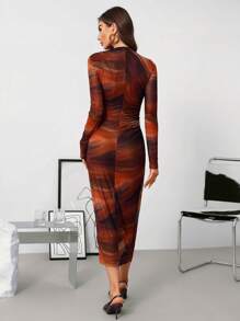 SHEIN Clasi 1pc Women's Pleated Floral Print Mesh Knit Dress - Red - View 2